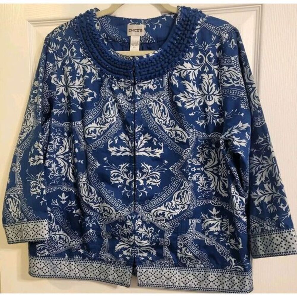 Chico's‎ Jacket Womens 2 Medium Blue Silver  Embelished Lined Hook Eye Closure